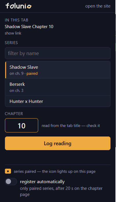 Extension popup: the tab title at the top, the shelf list with one series selected and marked as paired, the chapter read from the title, the log button, and at the bottom the note that the series is paired.